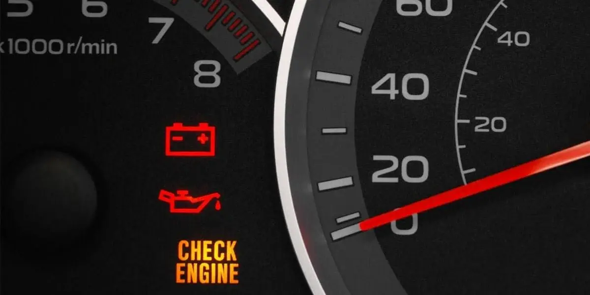 Illuminated check engine light on a car dashboard