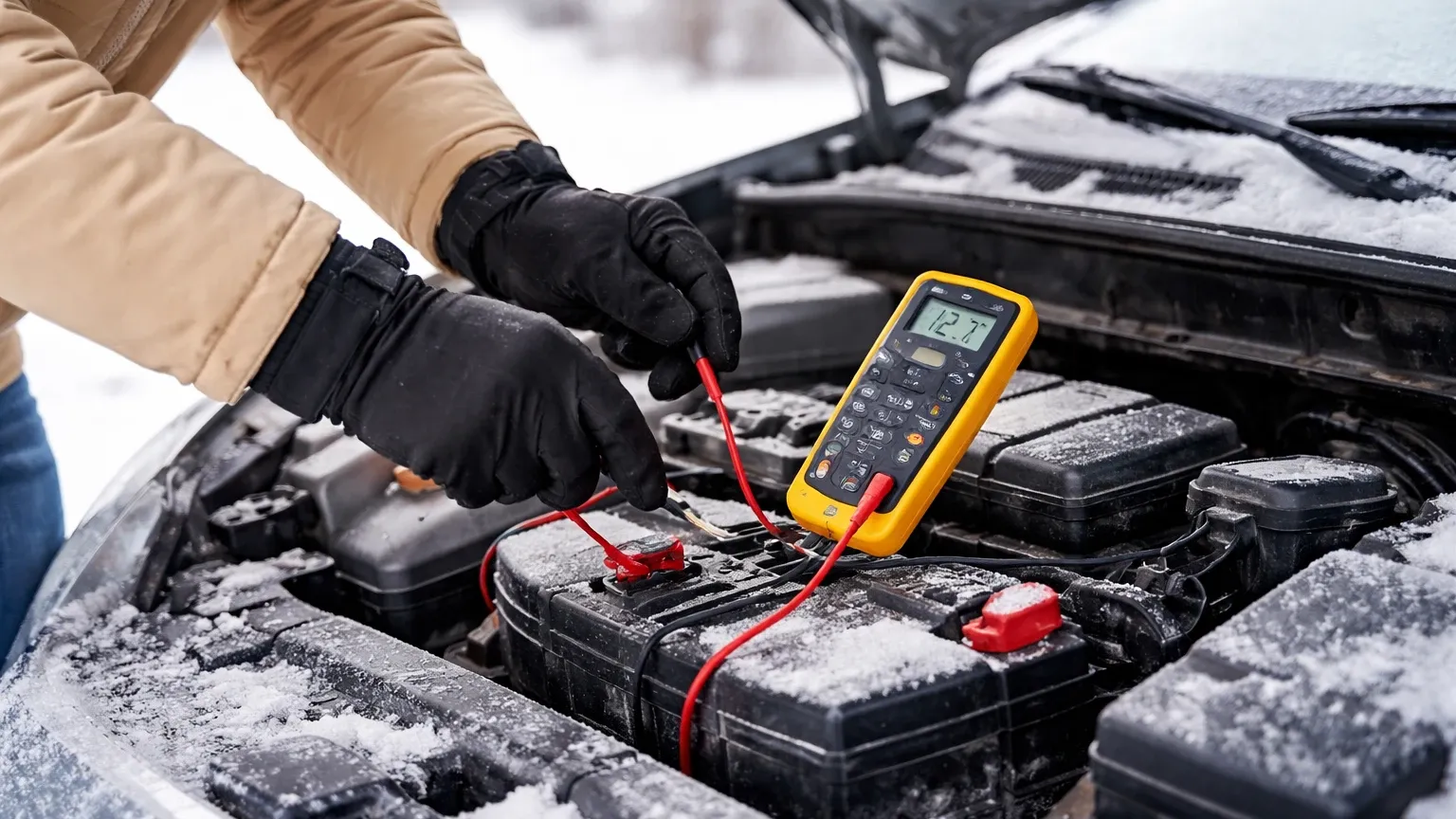 Mechanic testing a car battery voltage in cold weather to prevent battery failure.