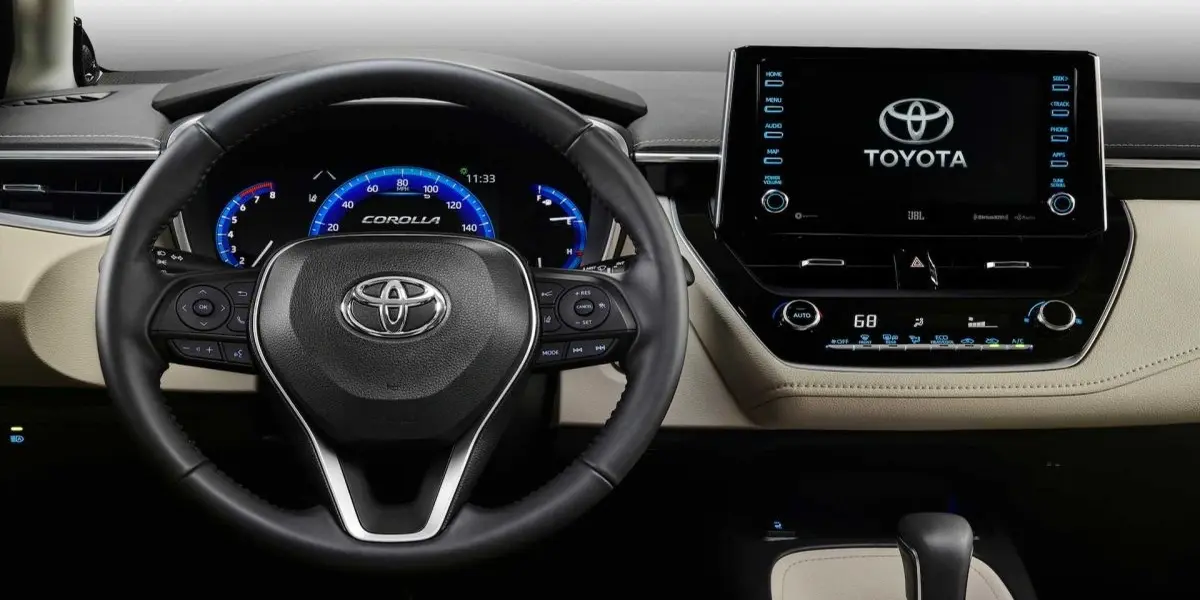 Toyota Corolla Hybrid interior showing the touchscreen infotainment system