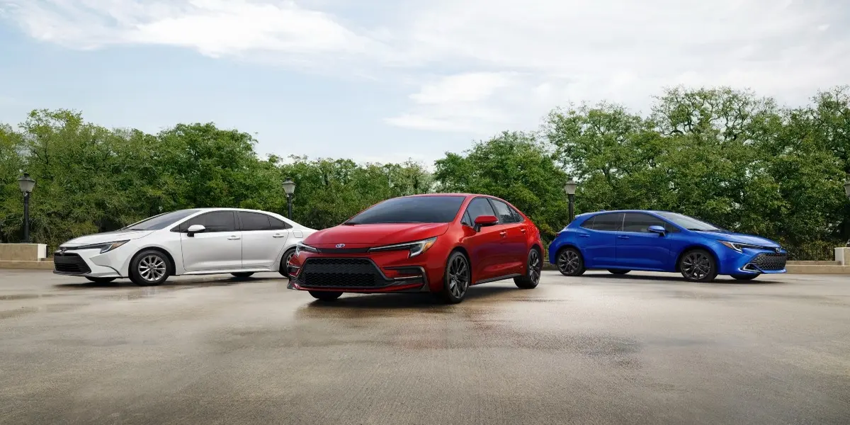 Comparison chart of Toyota Corolla Hybrid LE, SE, and XLE trim levels