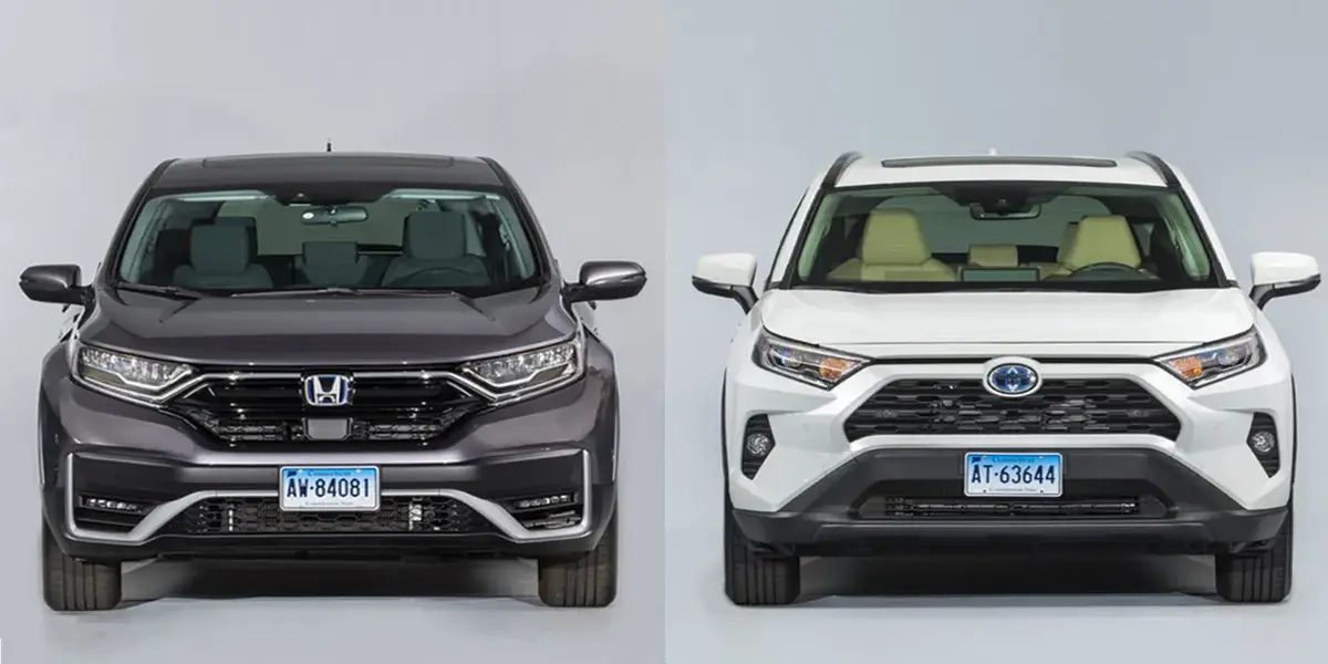 Side view of a blue used Toyota RAV4 Hybrid SUV highlighting practical space and fuel economy for families.