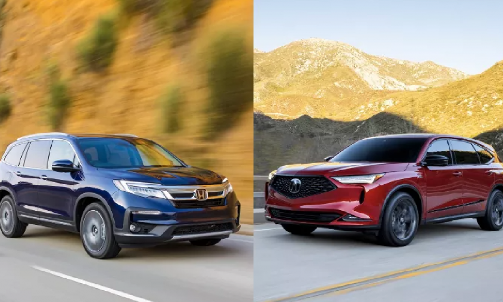 Side-by-side images of blue and red Honda SUVs driving on a mountain road with golden hills in the background.