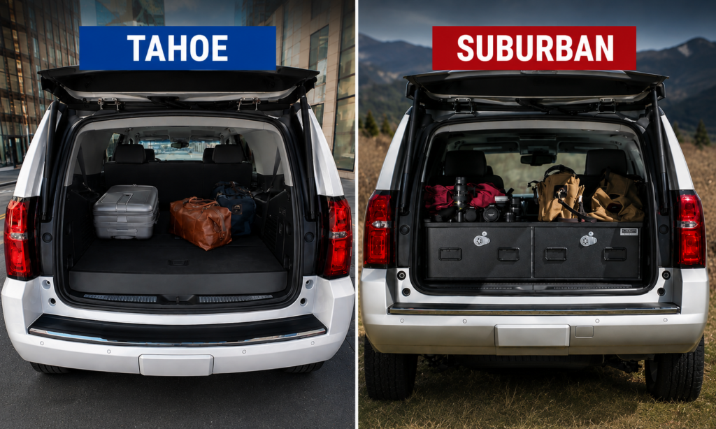 Tahoe and Suburban cargo areas shown side by side with luggage and storage space visible.