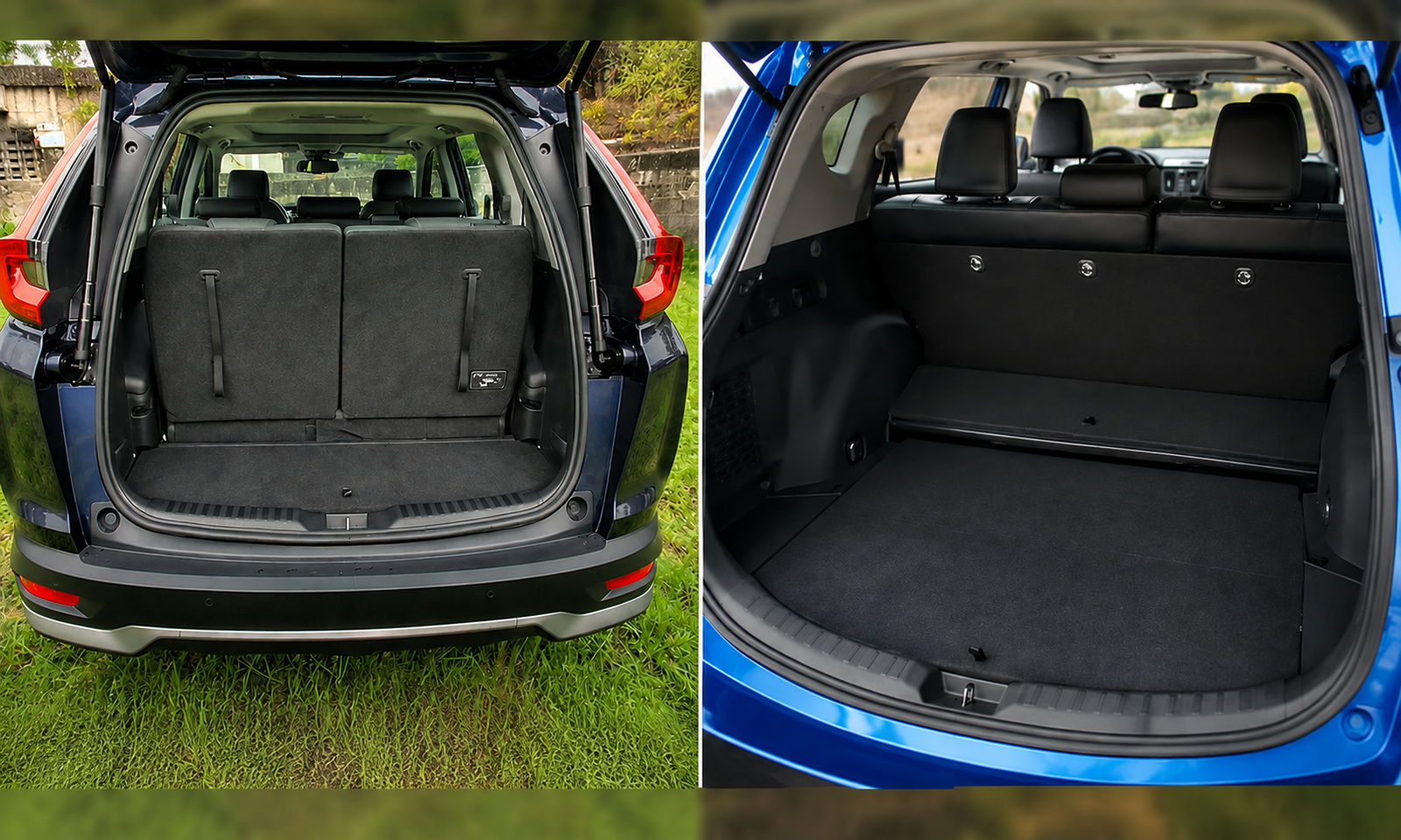 Side-by-side views of two SUV cargo areas with the rear liftgates open, showing spacious trunks and rear seats.