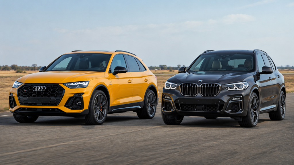 A front three-quarter comparison shot of a bright yellow Audi SQ5 (left) and a dark grey BMW X3 (right) parked side by side on a tarmac surface under an open sky.