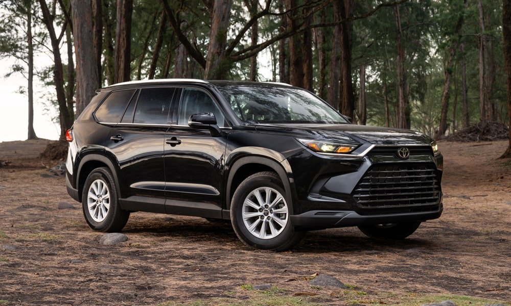 Black Toyota Grand Highlander SUV parked on a dirt trail in a wooded forest.
