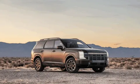 A bronze Hyundai Palisade SUV parked in a desert landscape during golden hour.
