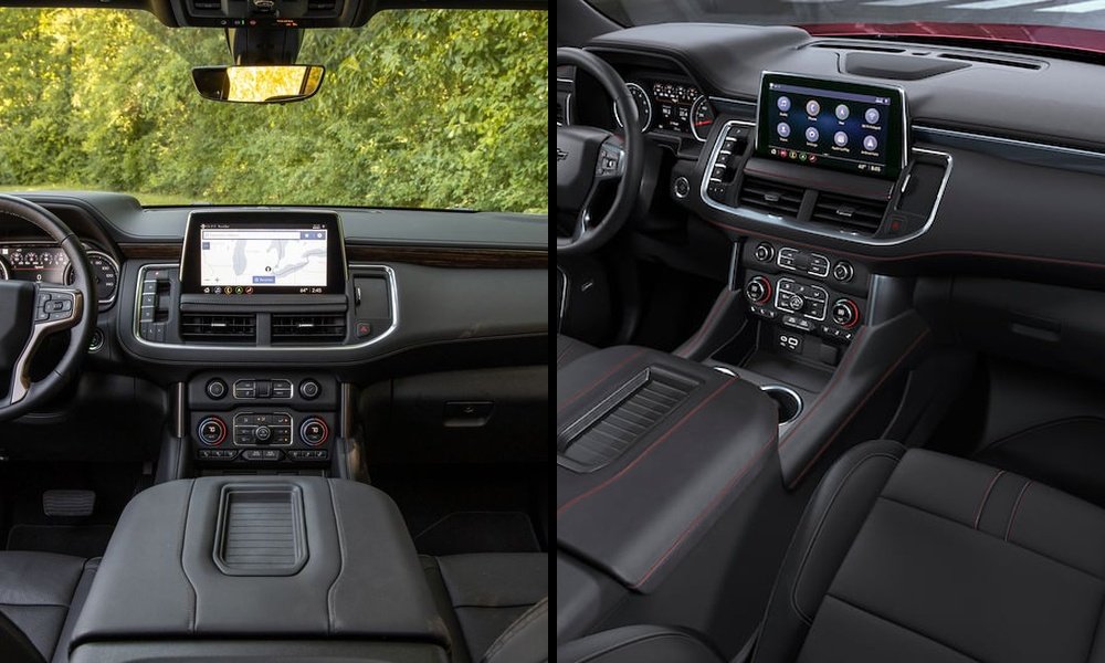 Side-by-side Chevrolet Tahoe and Suburban interiors showing the dashboards, steering wheels, infotainment screens, center consoles, and front seats.