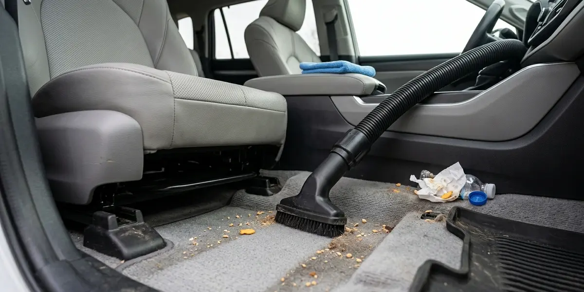 A vacuum attachment cleaning cracker crumbs and sand off car carpet floor mats.