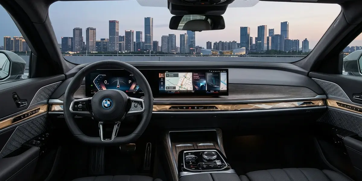 BMW 7 Series Executive Lounge rear seat setup with reclining leather seats, footrest, and ambient interior lighting