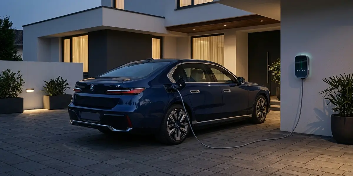 BMW i7 all-electric luxury sedan plugged into a residential home EV charging station at duskBMW i7 all-electric luxury sedan plugged into a residential home EV charging station at dusk