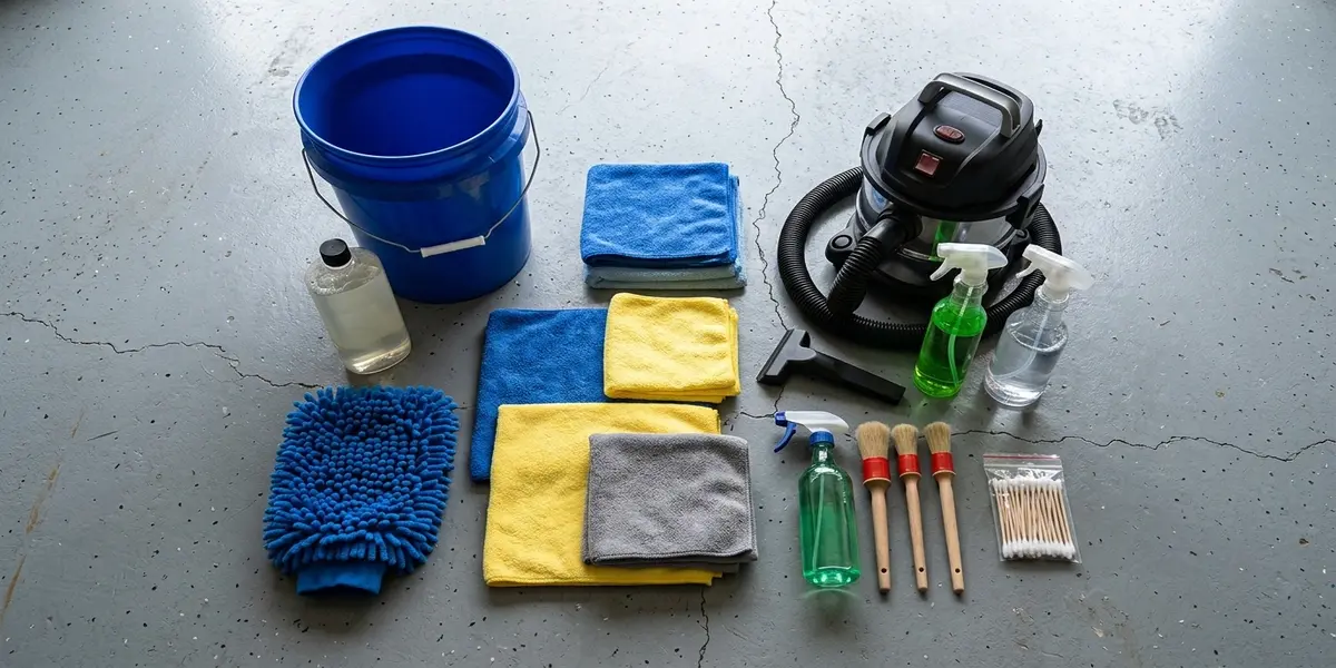 Basic DIY car cleaning kit including buckets, microfiber towels, car soap, spray bottles, and a vacuum laid out on a garage floor.