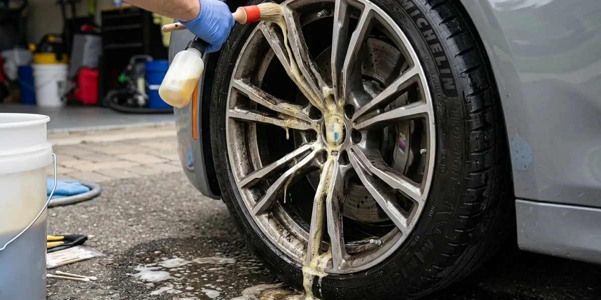 Detailing a car wheel and tire using a soft wheel brush and soap mixture.