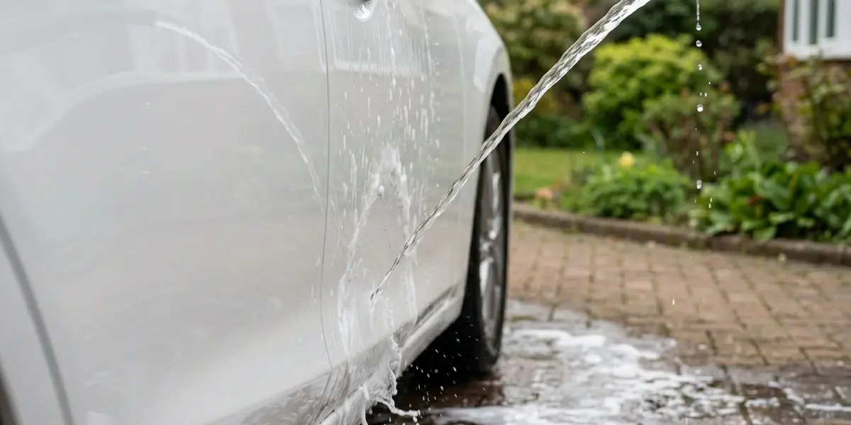 A garden hose spraying water directly onto the side panel of a white car during a pre-rinse.