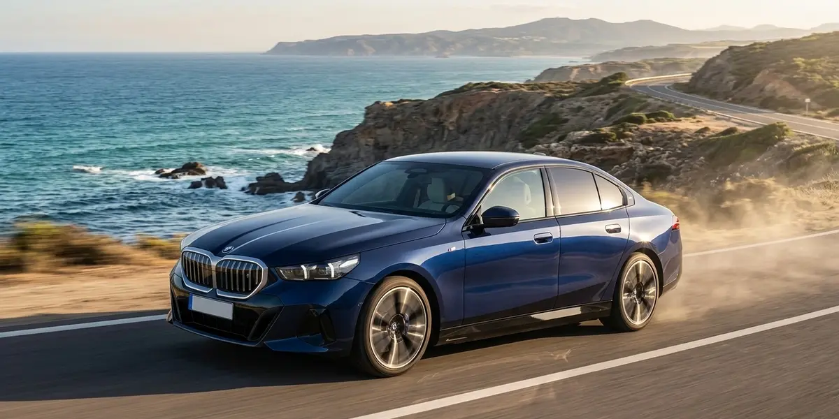 Dark blue BMW 5 Series luxury sedan driving along a scenic coastal road.