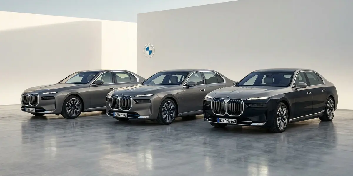 2027 BMW 7 Series lineup featuring the gasoline 740i, plug-in hybrid 750e, and all-electric i7 flagship sedans side by side