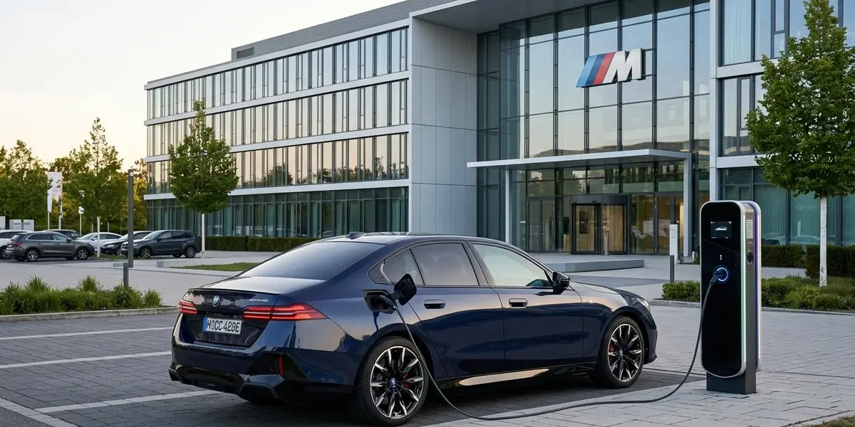 All-electric BMW i5 sedan plugged into a charging station in front of an office building.