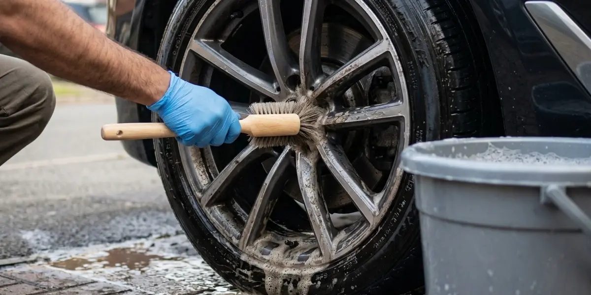 A person wearing blue gloves using a wooden detailing brush to clean brake dust and grime off a car wheel.