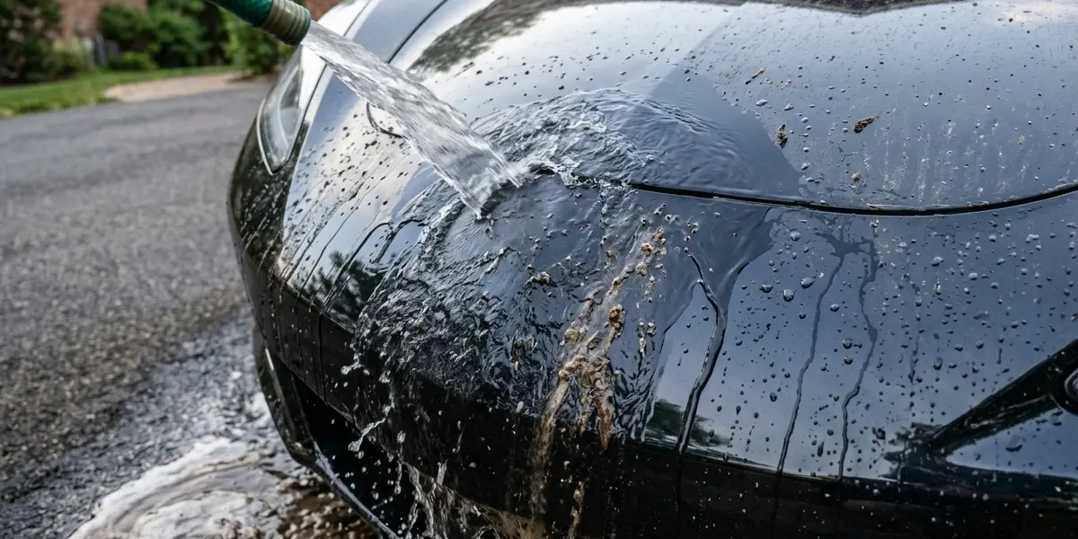 A garden hose rinsing muddy water and dirt off the front hood of a dark car.