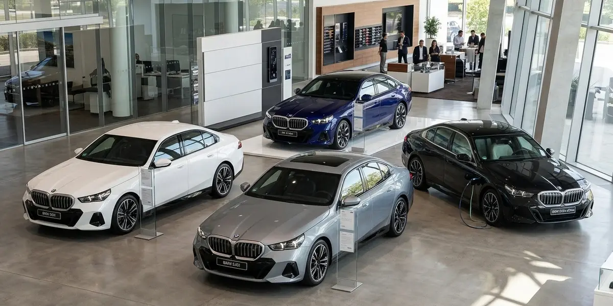 Multiple BMW 5 Series sedans displayed on a bright dealership showroom floor.
