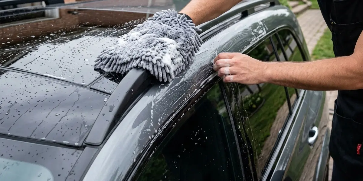 A person using a grey microfiber wash mitt to clean soapy water across the roof and windows of a car.