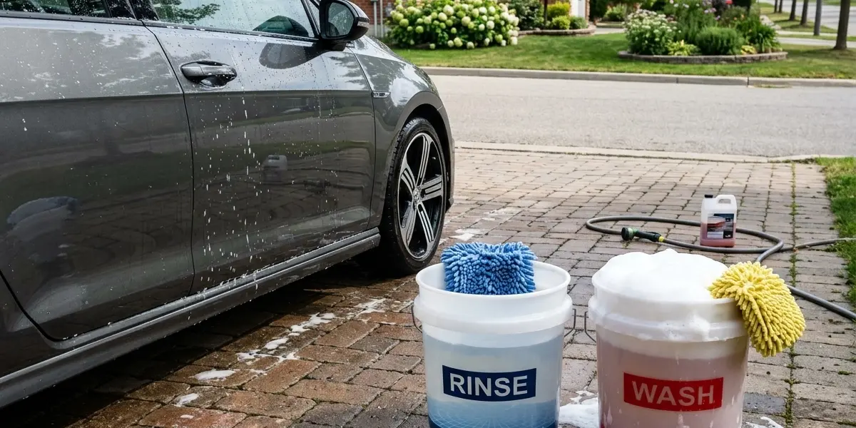 Two buckets labeled 'Rinse' and 'Wash' sitting on a brick driveway next to a clean car.