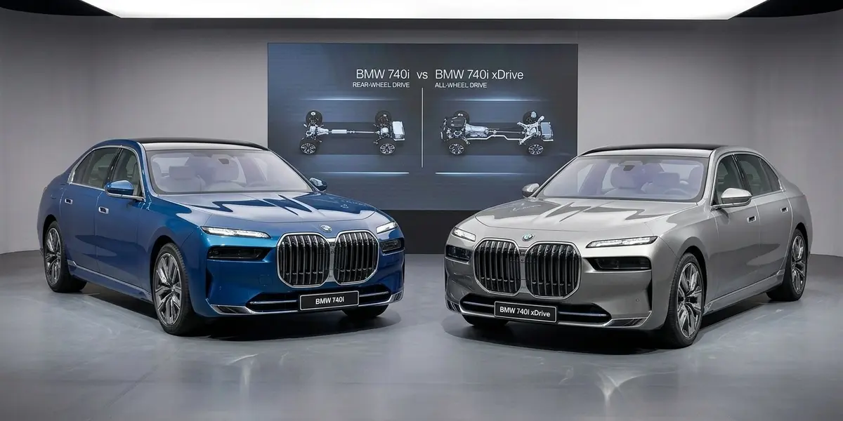 BMW 740i rear-wheel drive model alongside the BMW 740i xDrive all-wheel drive luxury sedan with drivetrain comparison diagrams in the background