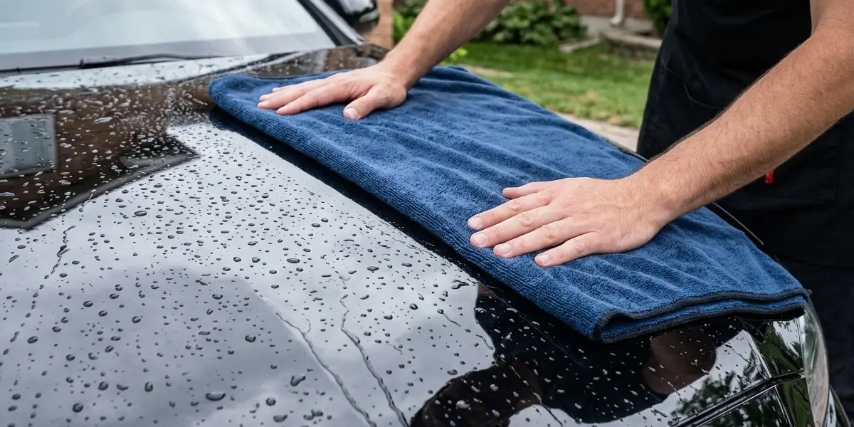A person gently drying a wet car hood covered in water droplets using a blue microfiber towel.