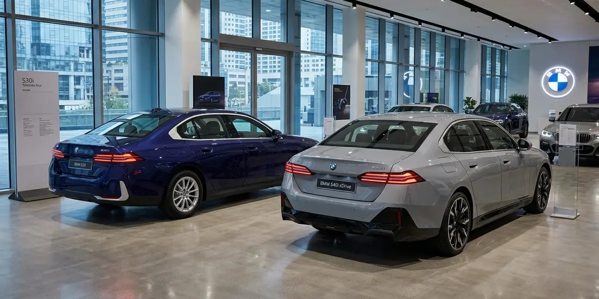 BMW 530i and BMW 540i xDrive side by side in a luxury showroom