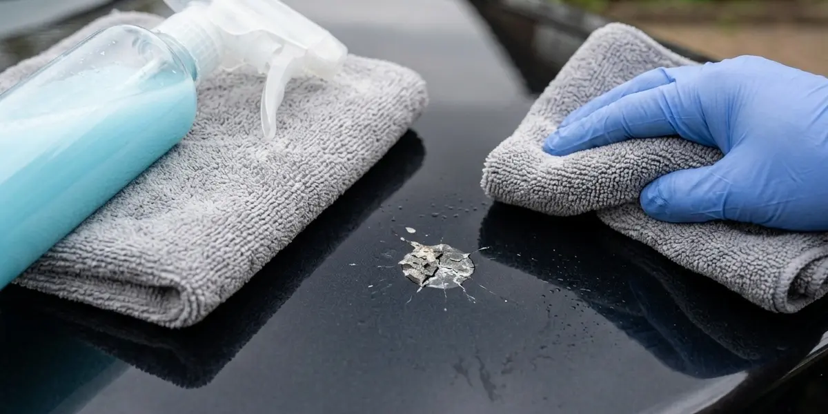 A gloved hand using a microfiber towel and a spray bottle to clean a dried contaminant off a car hood.