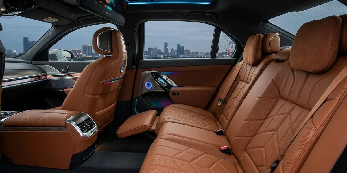 Rear seat passenger enjoying the 31.3-inch BMW Theatre Screen with Surround Sound and door-panel touch controls in a 7 Series