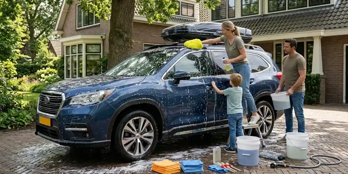 a tidy interior with vacuum and microfiber towels, other half showing a freshly washed exterior