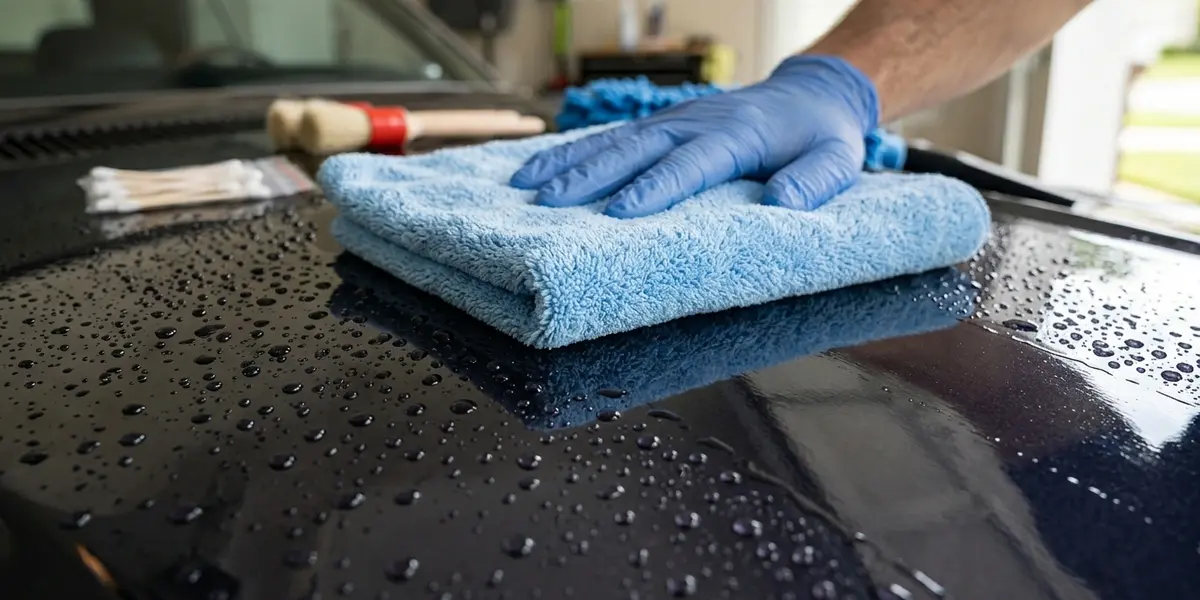 A hand using a plush blue microfiber drying towel to wipe water droplets off clean car paint.