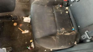 Car interior with dusty seats, dashboard, floor mats and visible dirt