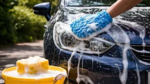 car being washed with car shampoo at home