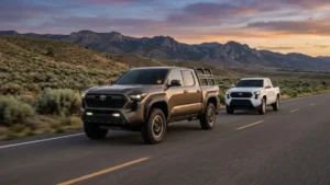 Toyota Tacoma MPG: A 2026 Toyota Tacoma driving on an open road, illustrating fuel efficiency differences across engine types and trims.