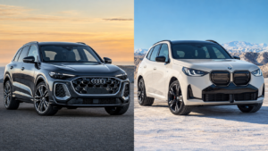 A side-by-side comparison image featuring a dark grey Audi Q5 on the left set against a sunset backdrop, and a white BMW X3 on the right set against a snowy mountain landscape.