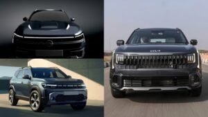 A three-panel collage showcasing front views of three different SUV models, including a dark gray Nissan, a blue-gray Renault, and a prominent dark gray Kia on the right side with its front registration plate removed.