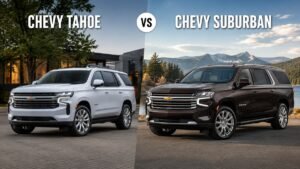 Side-by-side comparison of a Chevrolet Tahoe and Chevrolet Suburban, showing both SUVs in full against suburban and mountain backgrounds.