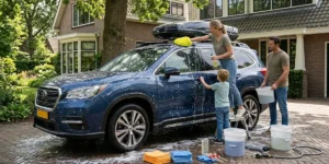 How to Clean a Car at Home: A family washing a dark blue SUV in a driveway using buckets and a step stool.