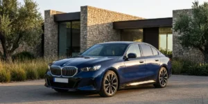 Dark blue 2027 BMW 5 Series sedan parked outside a modern stone residence.