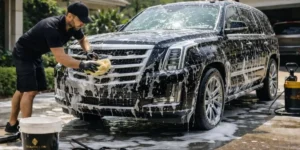 How to Wash a Car at Home : Professional detailers carefully washing a large black SUV with soap suds in a driveway.